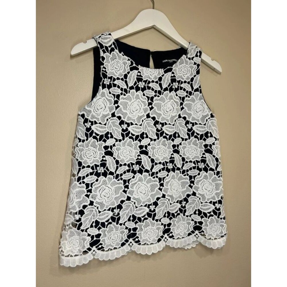 Karl Lagerfeld Women's Small Lace Floral Navy Tank Top